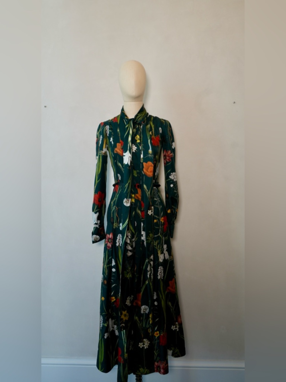 Oscar de la renta Green Floral Tie-Neck Maxi Dress